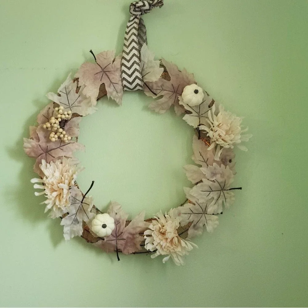 Hand Crafted Ivory Chrysanthemum Pumpkin Floral Wreath  Summer Door Wall